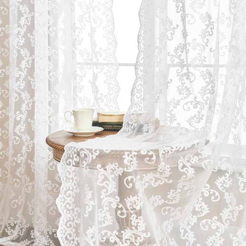 FOLKSIDE White Lace Curtains 102 Inches Long 2 Panels Paisley Floral Sheer Curtains for Living Room Bedroom Rod Pocket Light Filtering Neutral Large Window Privacy Decor for Dining Room Hallway, 52x102 - Image 3